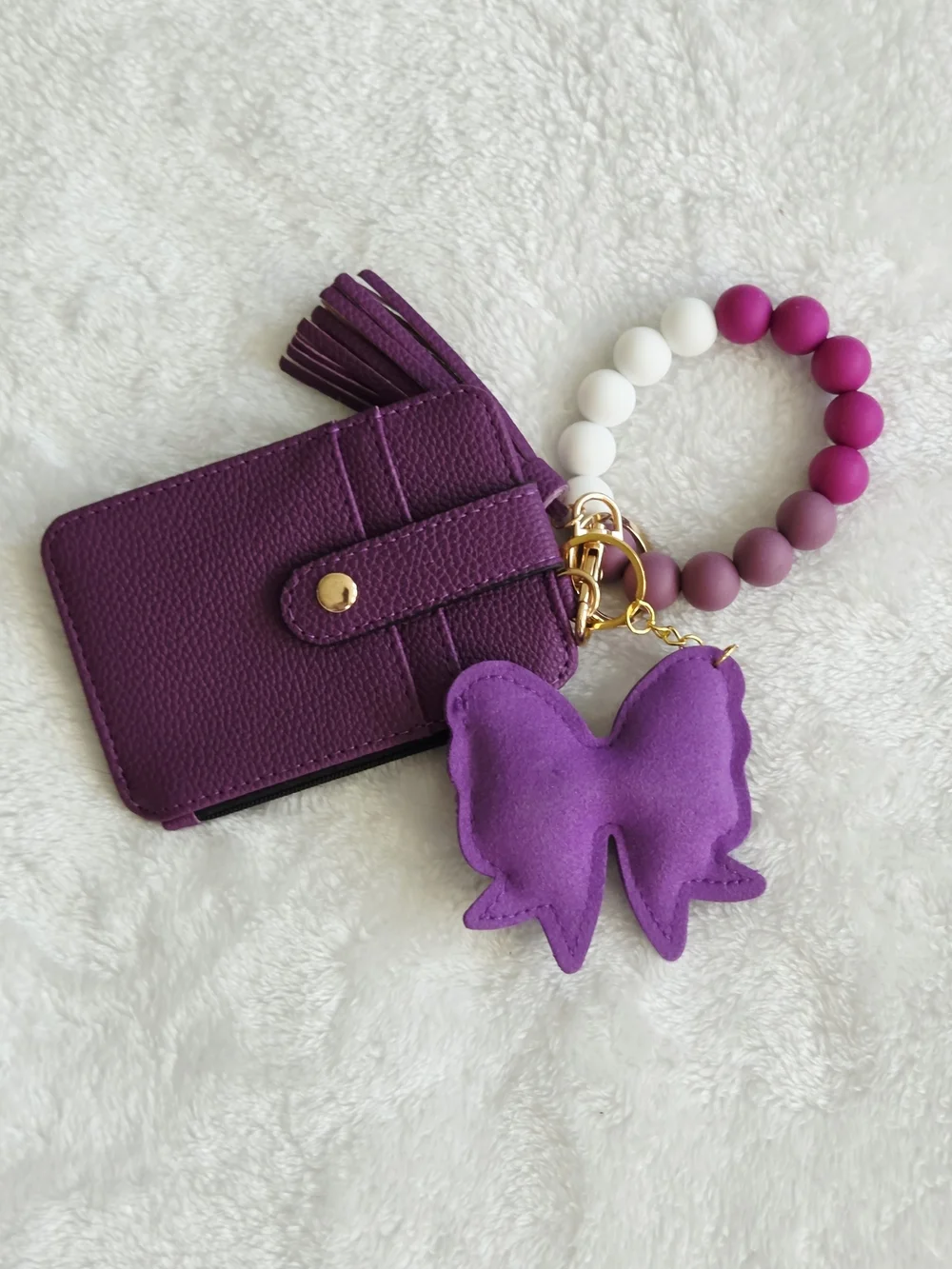 Purple Wristlet Keychain Card Holder with Bow Charm